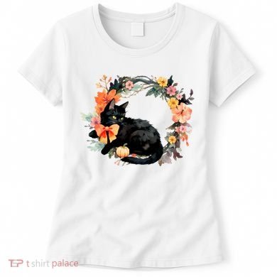 Floral Halloween Wreath Cute Black Cat Women's T-Shirt