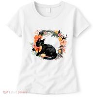 Floral Halloween Wreath Cute Black Cat Women's T-Shirt thumb 0