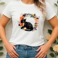 Floral Halloween Wreath Cute Black Cat Women's T-Shirt thumb 2