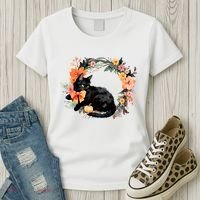 Floral Halloween Wreath Cute Black Cat Women's T-Shirt thumb 3