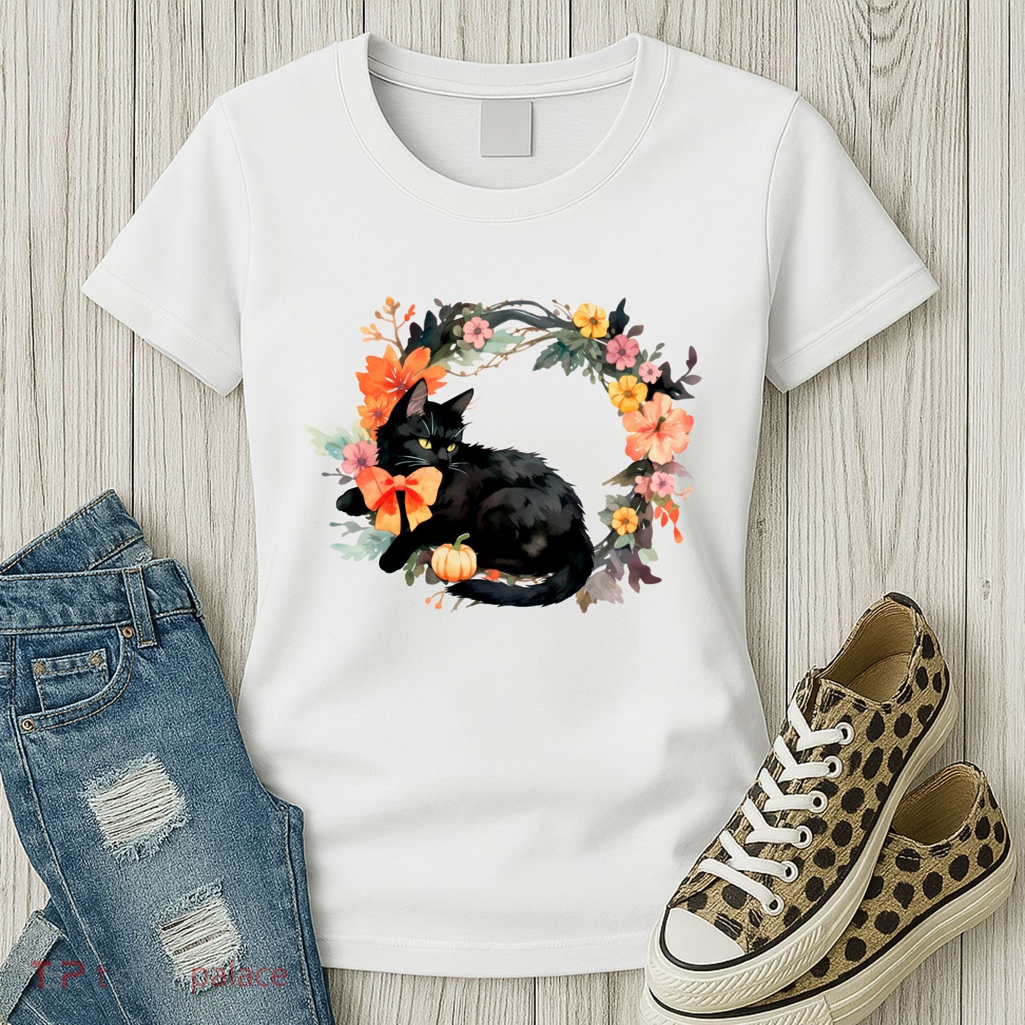 Floral Halloween Wreath Cute Black Cat Women's T-Shirt