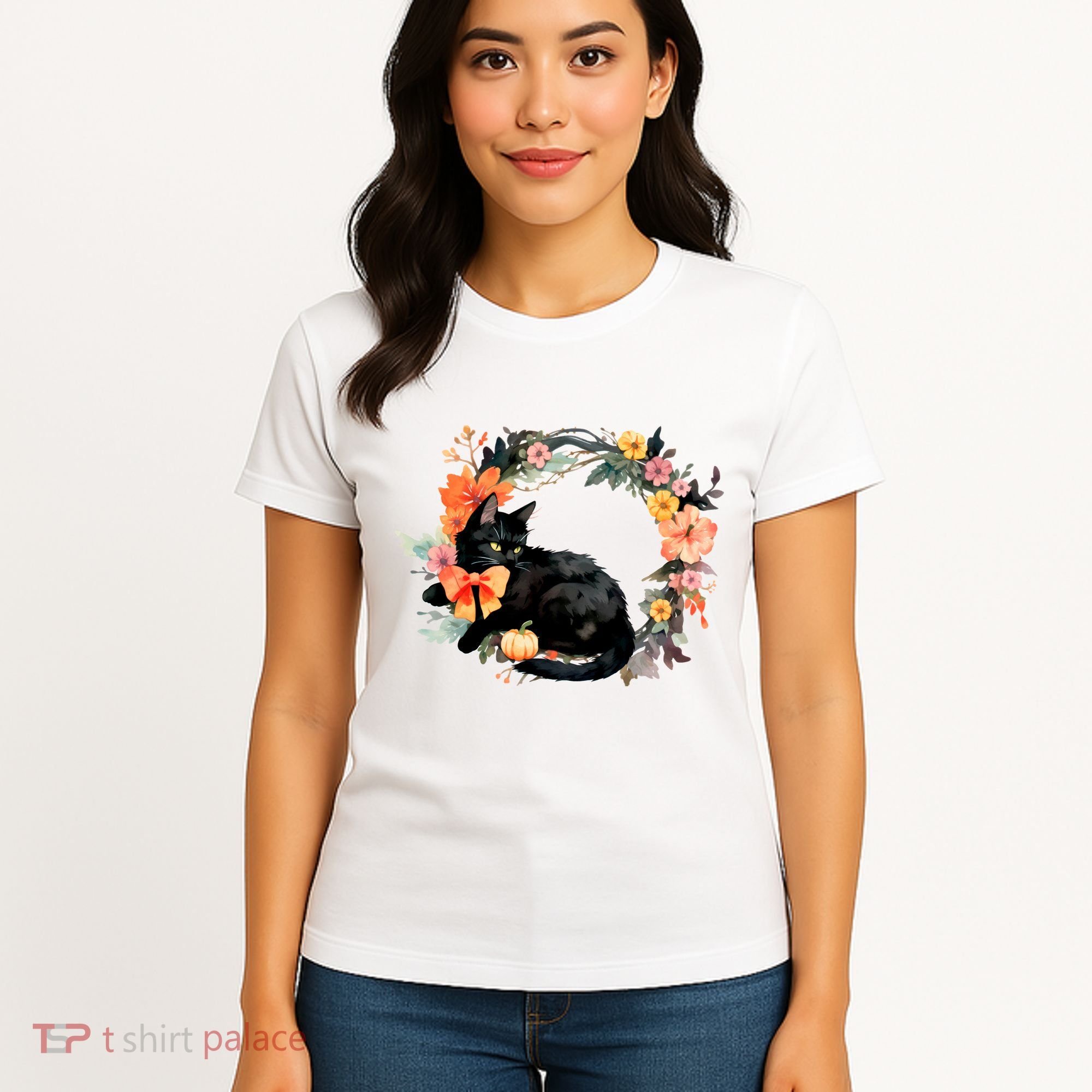 Floral Halloween Wreath Cute Black Cat Women's T-Shirt