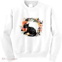 Floral Halloween Wreath Cute Black Cat Kids Sweatshirt thumb 0