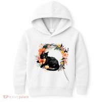 Floral Halloween Wreath Cute Black Cat Kids Hoodie thumb 0
