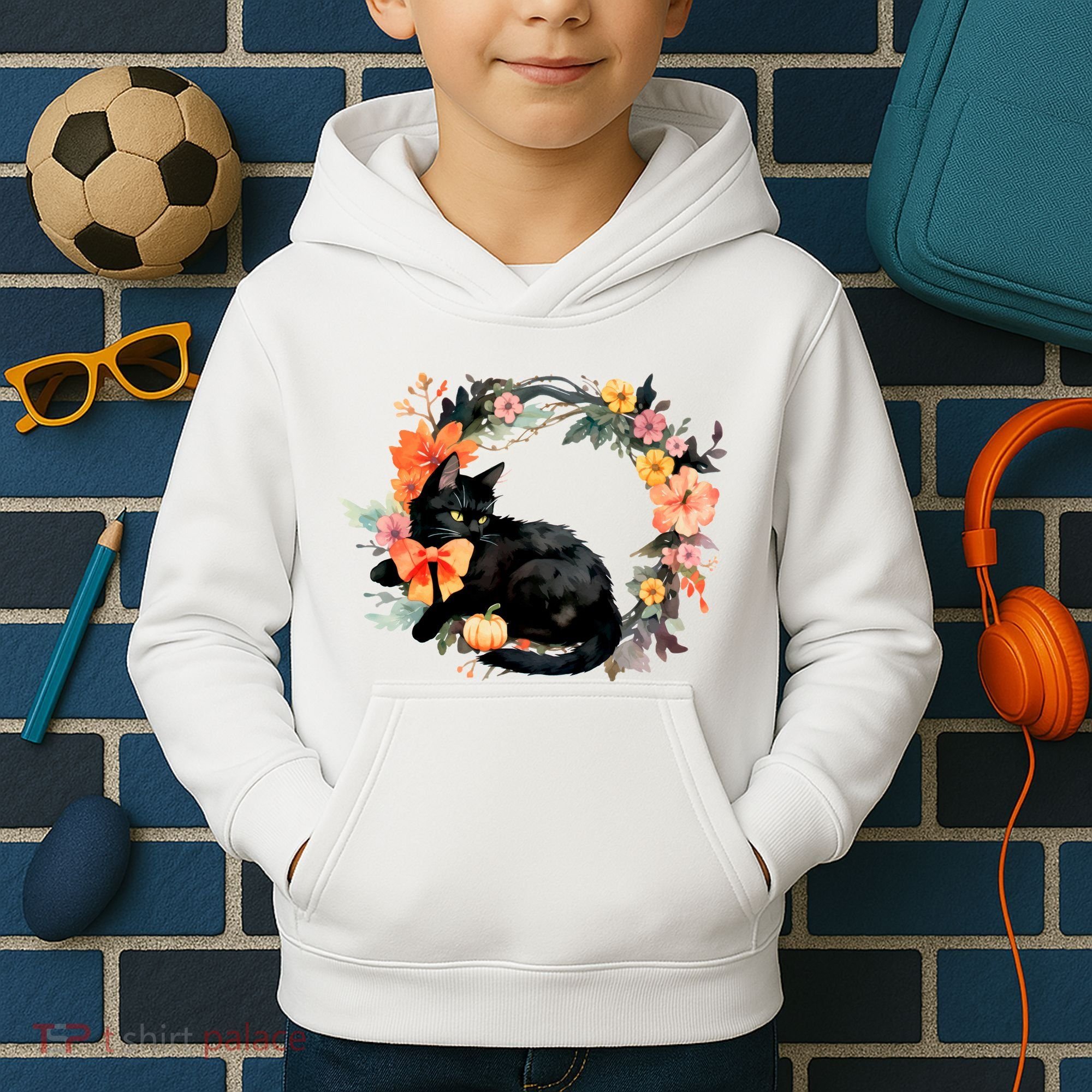 Floral Halloween Wreath Cute Black Cat Kids Hoodie
