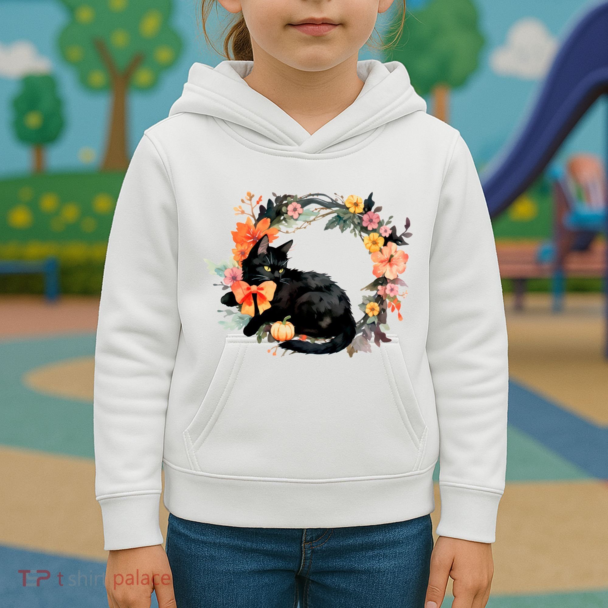 Floral Halloween Wreath Cute Black Cat Kids Hoodie