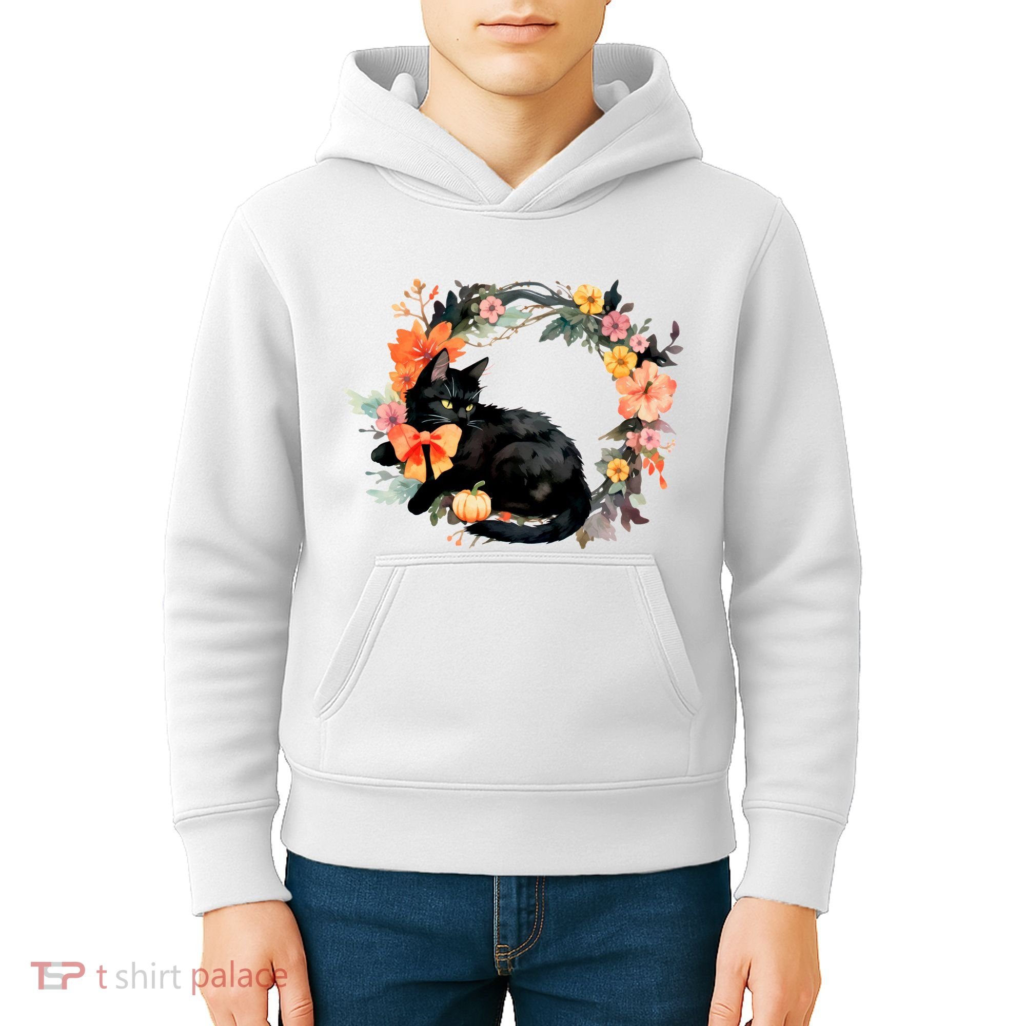 Floral Halloween Wreath Cute Black Cat Kids Hoodie