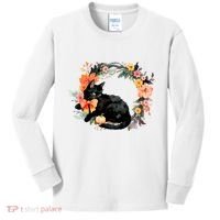 Floral Halloween Wreath Cute Black Cat Kids Long Sleeve Shirt thumb 0