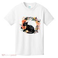 Floral Halloween Wreath Cute Black Cat Kids T-Shirt thumb 0