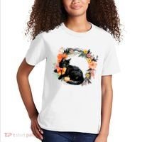Floral Halloween Wreath Cute Black Cat Kids T-Shirt thumb 2