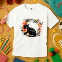 Floral Halloween Wreath Cute Black Cat Kids T-Shirt thumb 3
