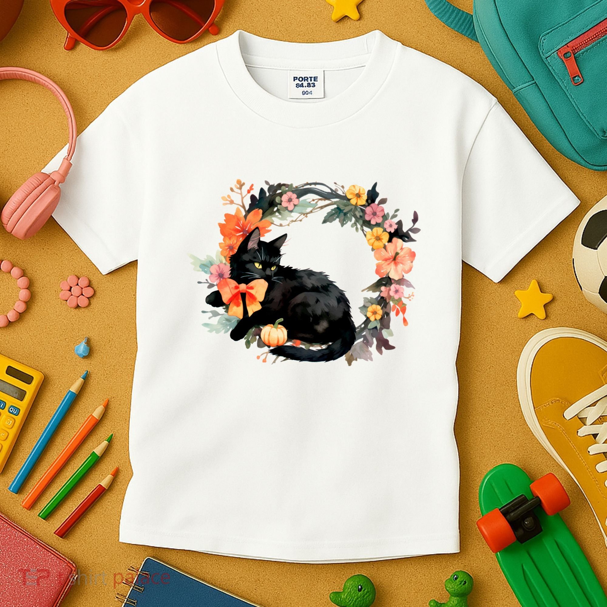 Floral Halloween Wreath Cute Black Cat Kids T-Shirt