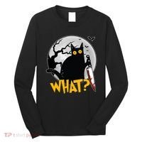 Funny Halloween What Killer Black Cat With Knife Long Sleeve Shirt thumb 0