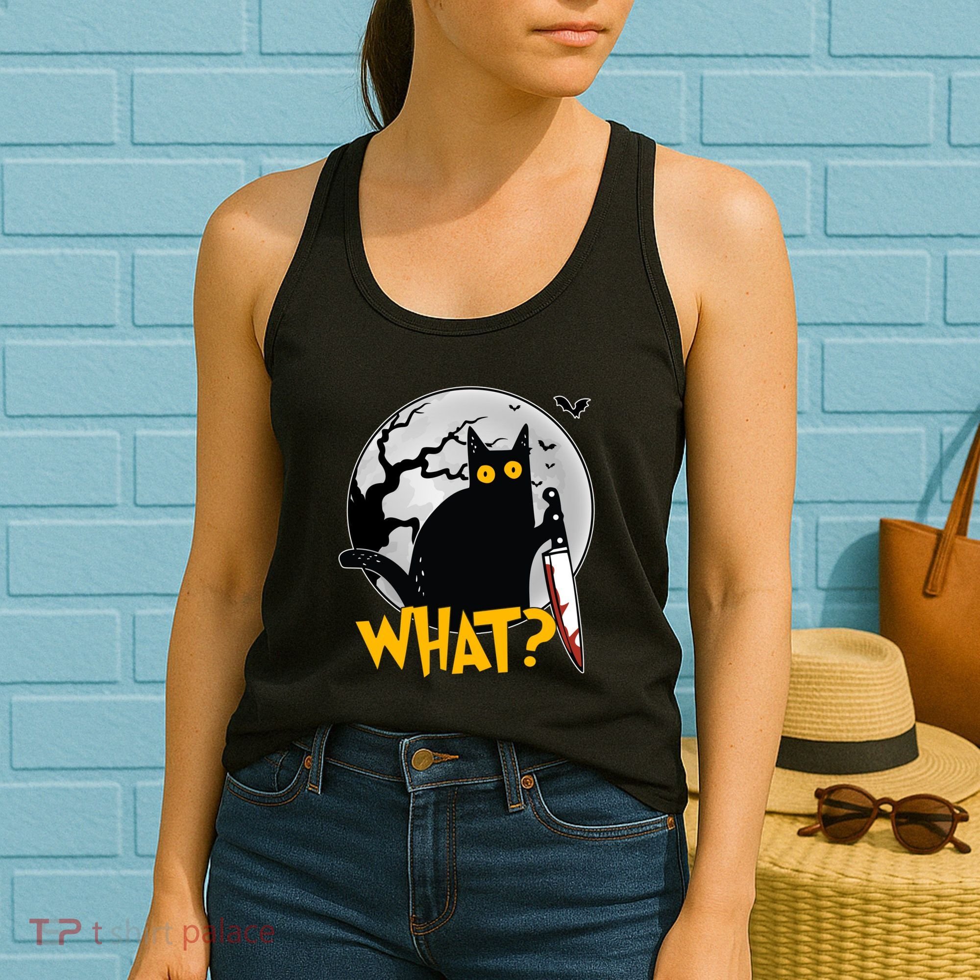 Funny Halloween What Killer Black Cat With Knife Women's Tank Top