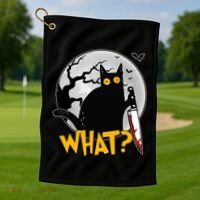 Funny Halloween What Killer Black Cat With Knife Golf Towel thumb 1