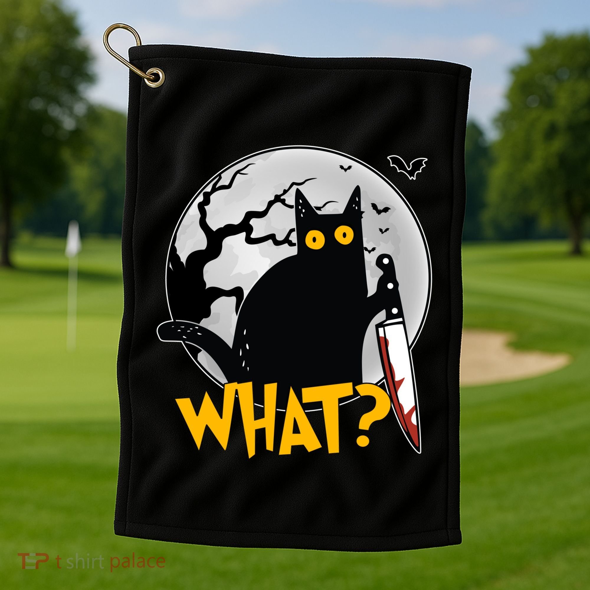 Funny Halloween What Killer Black Cat With Knife Golf Towel