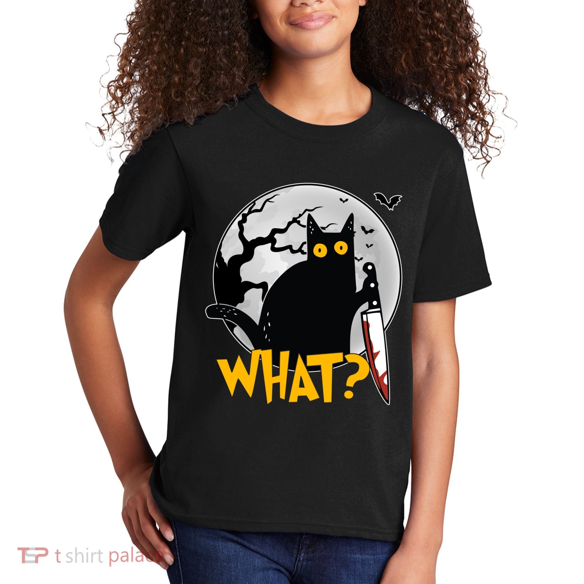 Funny Halloween What Killer Black Cat With Knife Kids T-Shirt