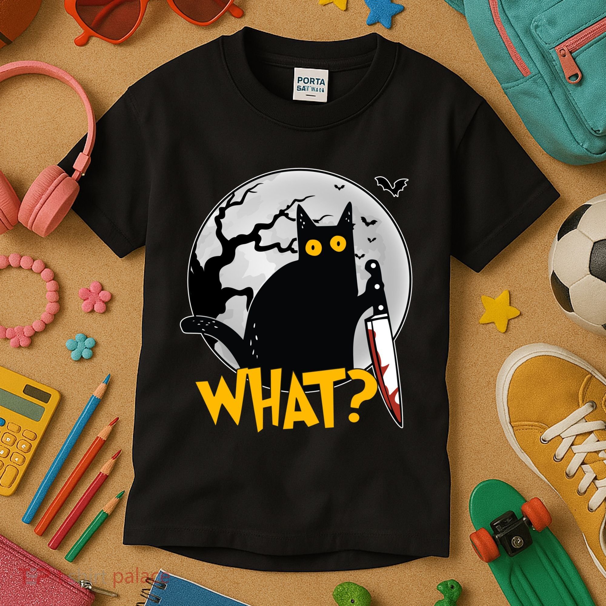 Funny Halloween What Killer Black Cat With Knife Kids T-Shirt