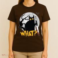 Funny Halloween What Killer Black Cat With Knife T-Shirt thumb 4