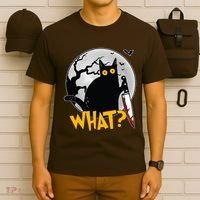 Funny Halloween What Killer Black Cat With Knife T-Shirt thumb 6