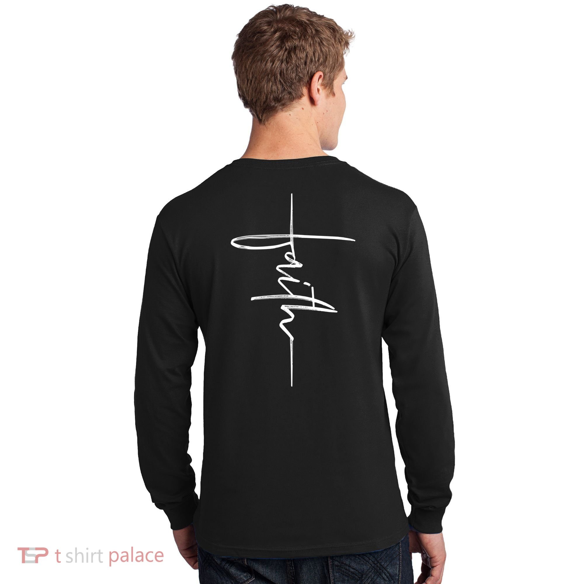 Faith Hand Written Calligraphy Christian Front And Back Print Long Sleeve Shirt