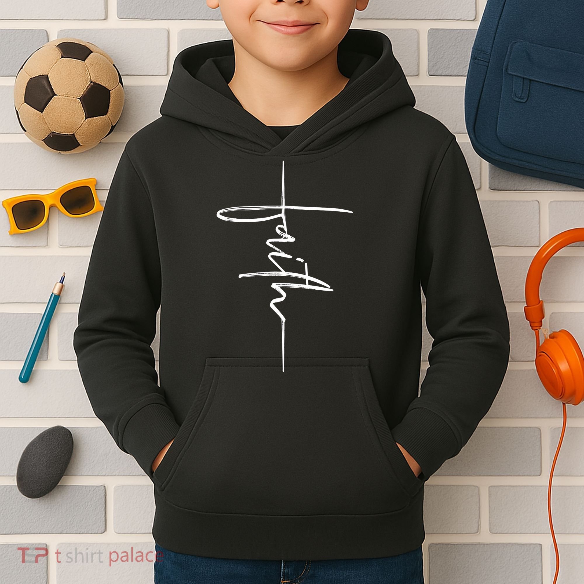 Faith Hand Written Calligraphy Christian Front And Back Print Kids Hoodie