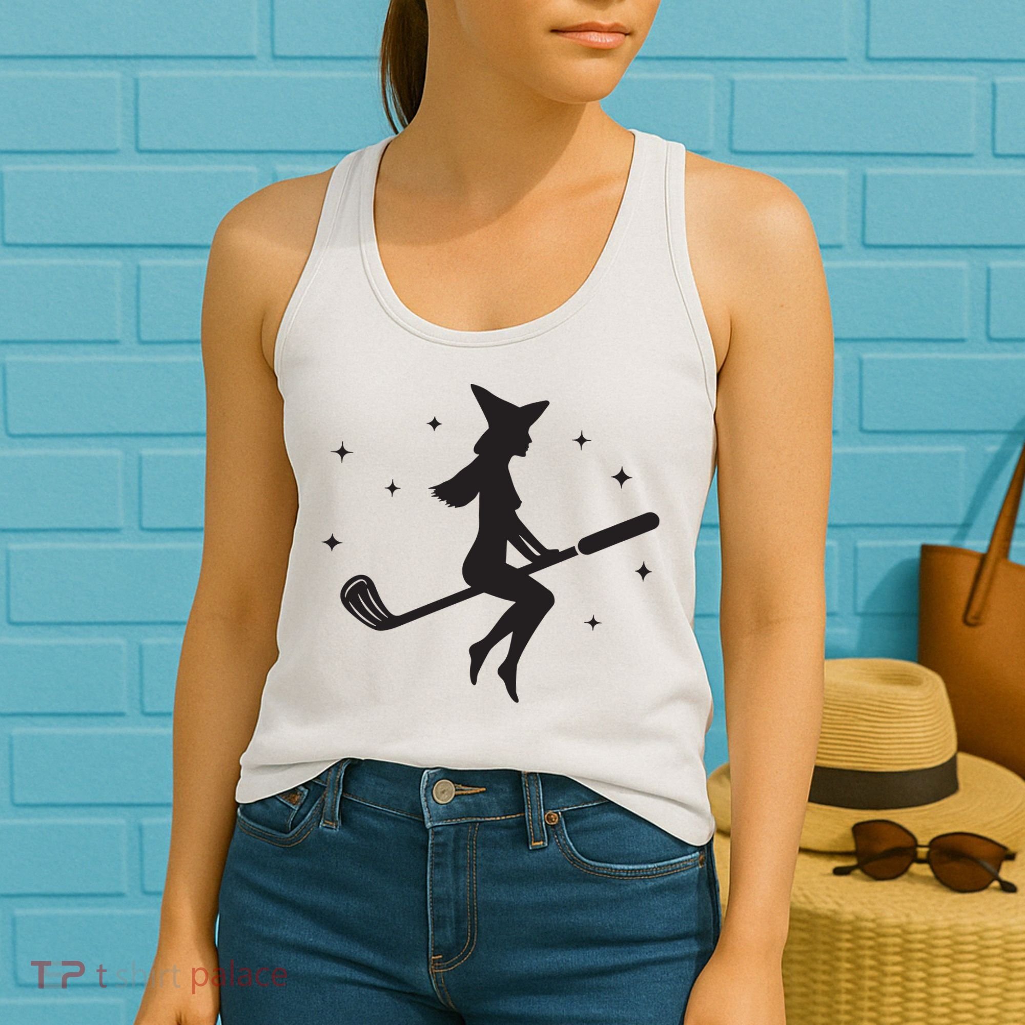 Funny Halloween Witch Golf Stick Women Golfer Golfing Vneck Women's Tank Top