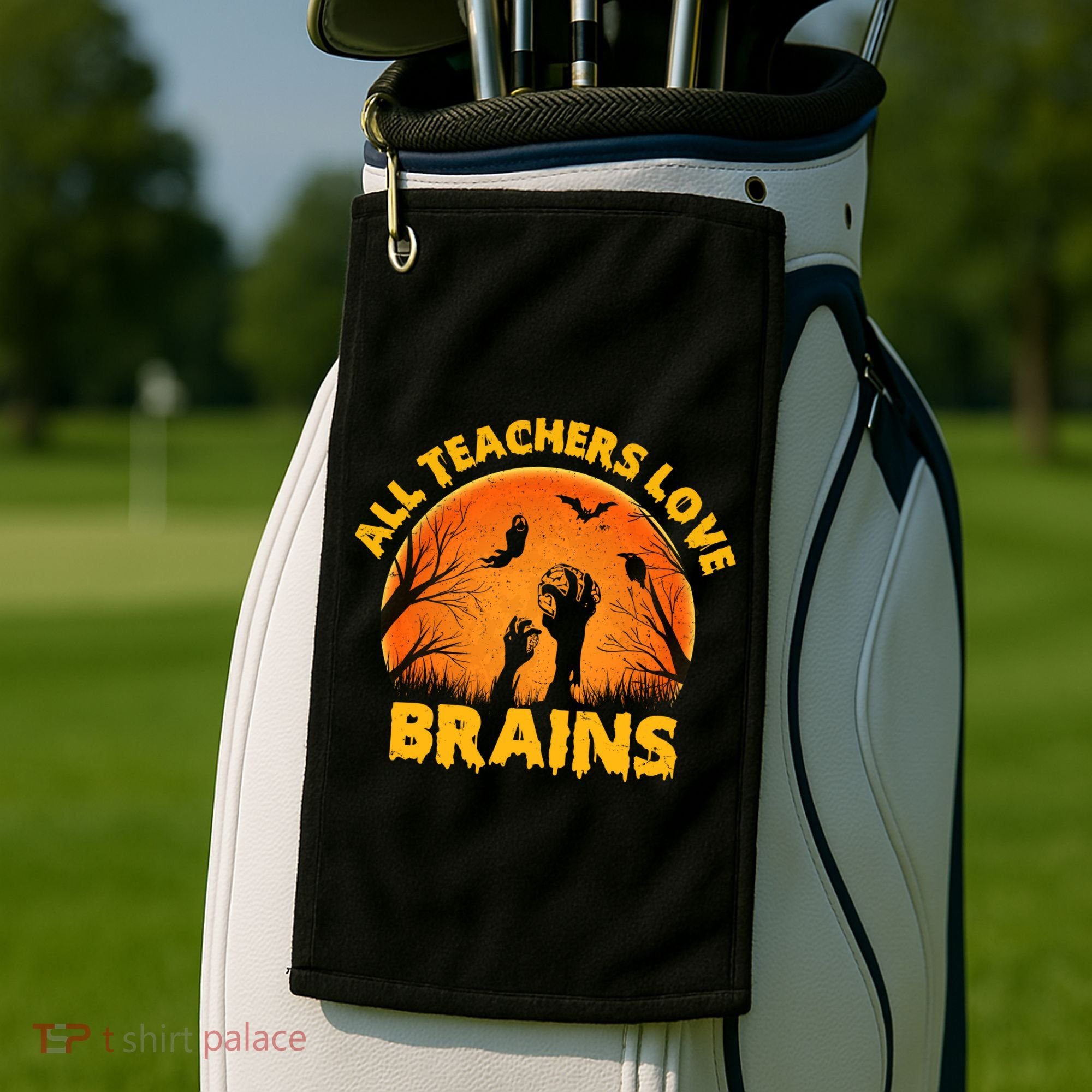 Funny Halloween Zombie All Teacher Love Brains Golf Towel
