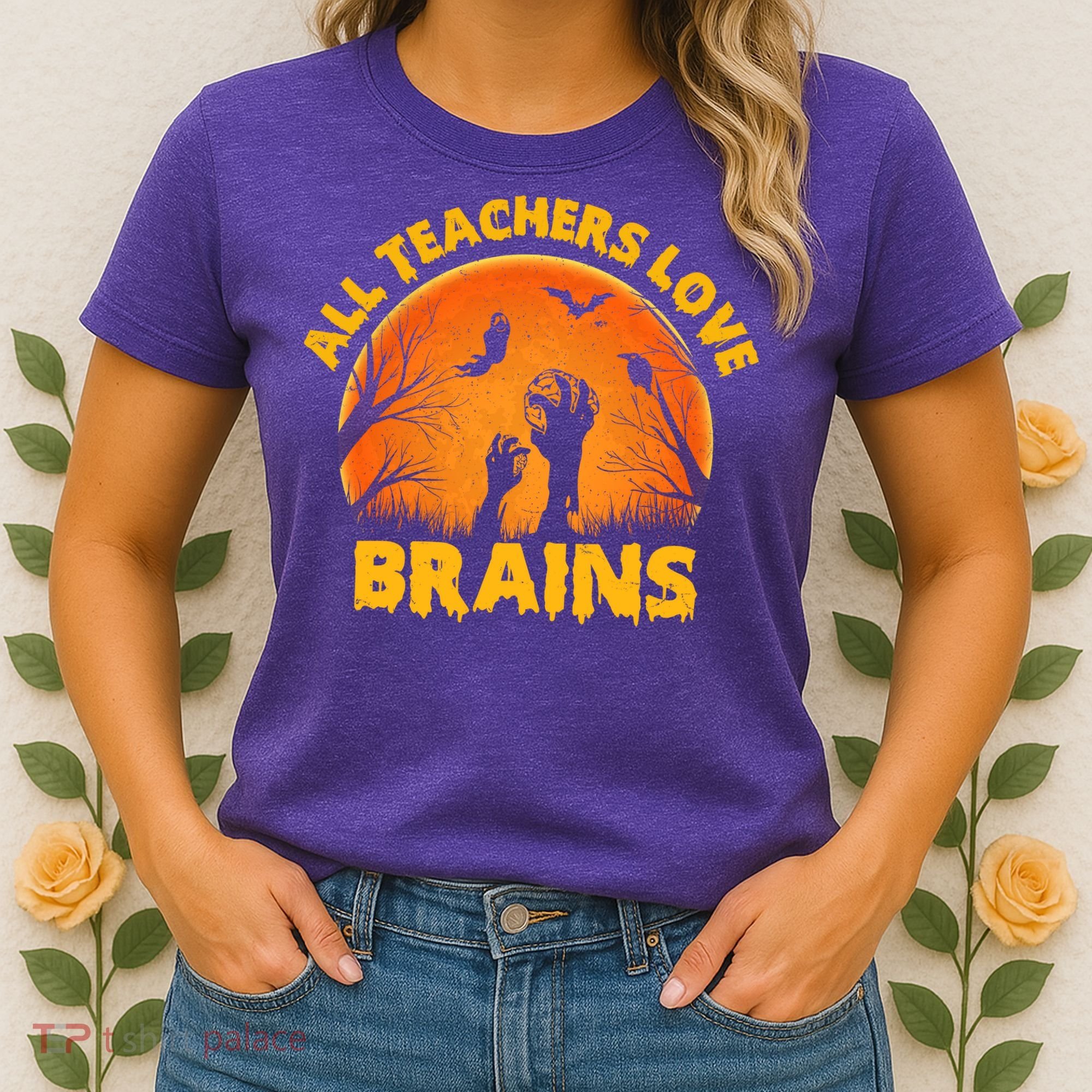 Funny Halloween Zombie All Teacher Love Brains Women's T-Shirt