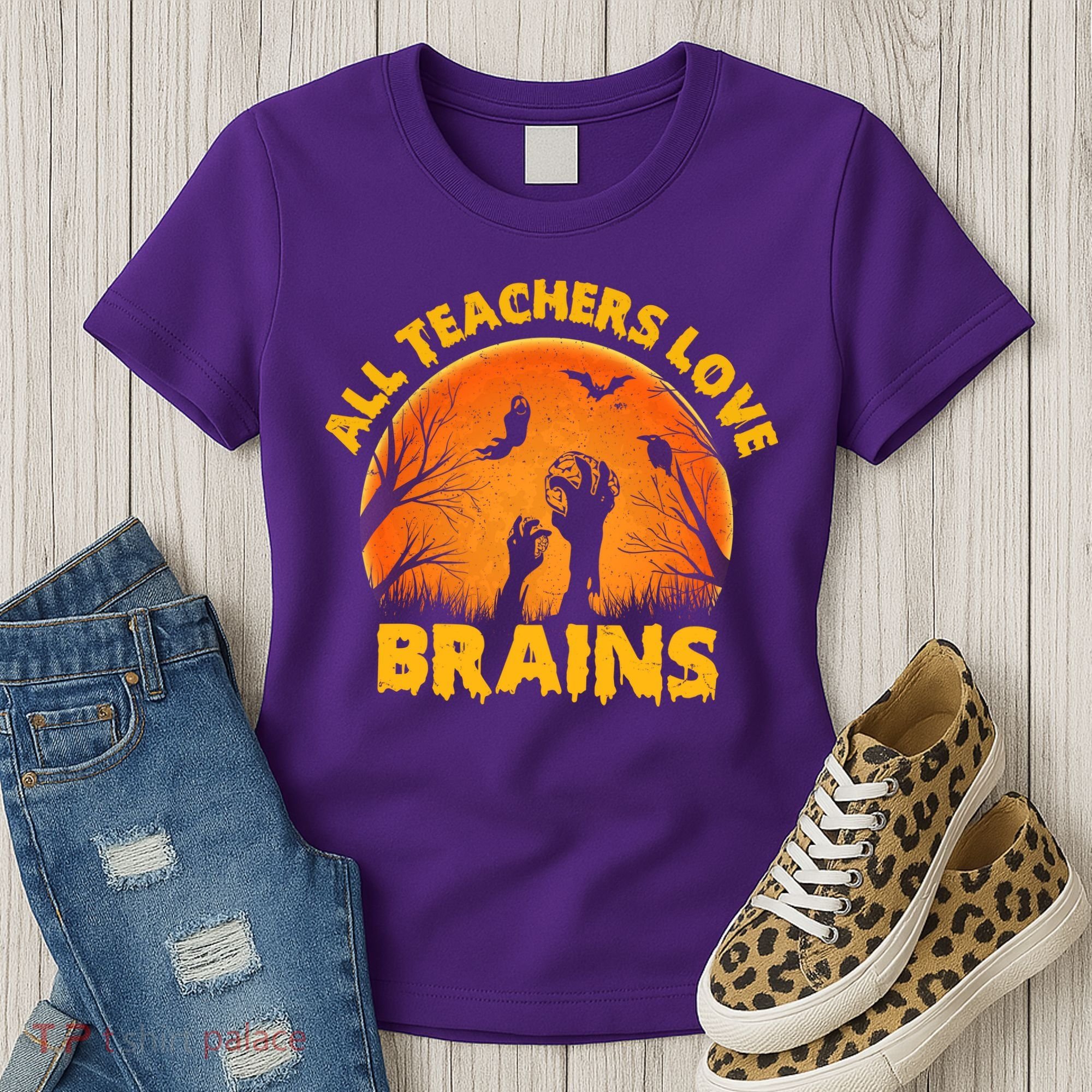 Funny Halloween Zombie All Teacher Love Brains Women's T-Shirt