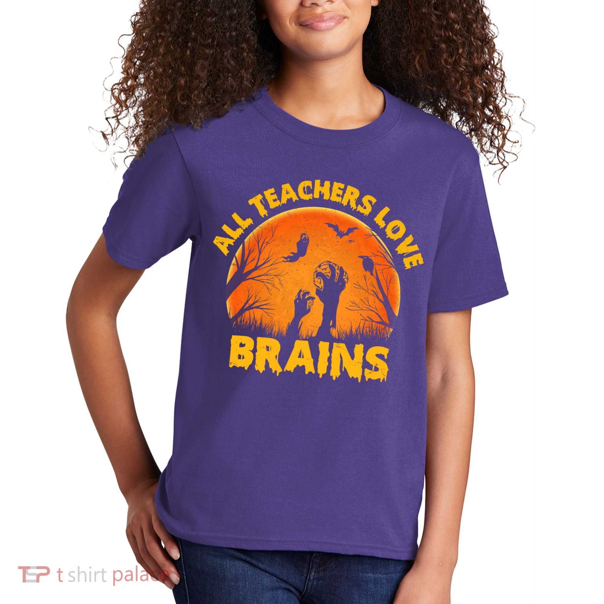 Funny Halloween Zombie All Teacher Love Brains Kids T-Shirt