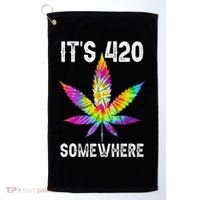 Funny It's 420 Somewhere Hippie Tie Dye Pot Leaf For Stoner Golf Towel thumb 0