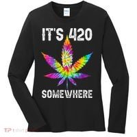 Funny It's 420 Somewhere Hippie Tie Dye Pot Leaf For Stoner Women's Long Sleeve Shirt thumb 0