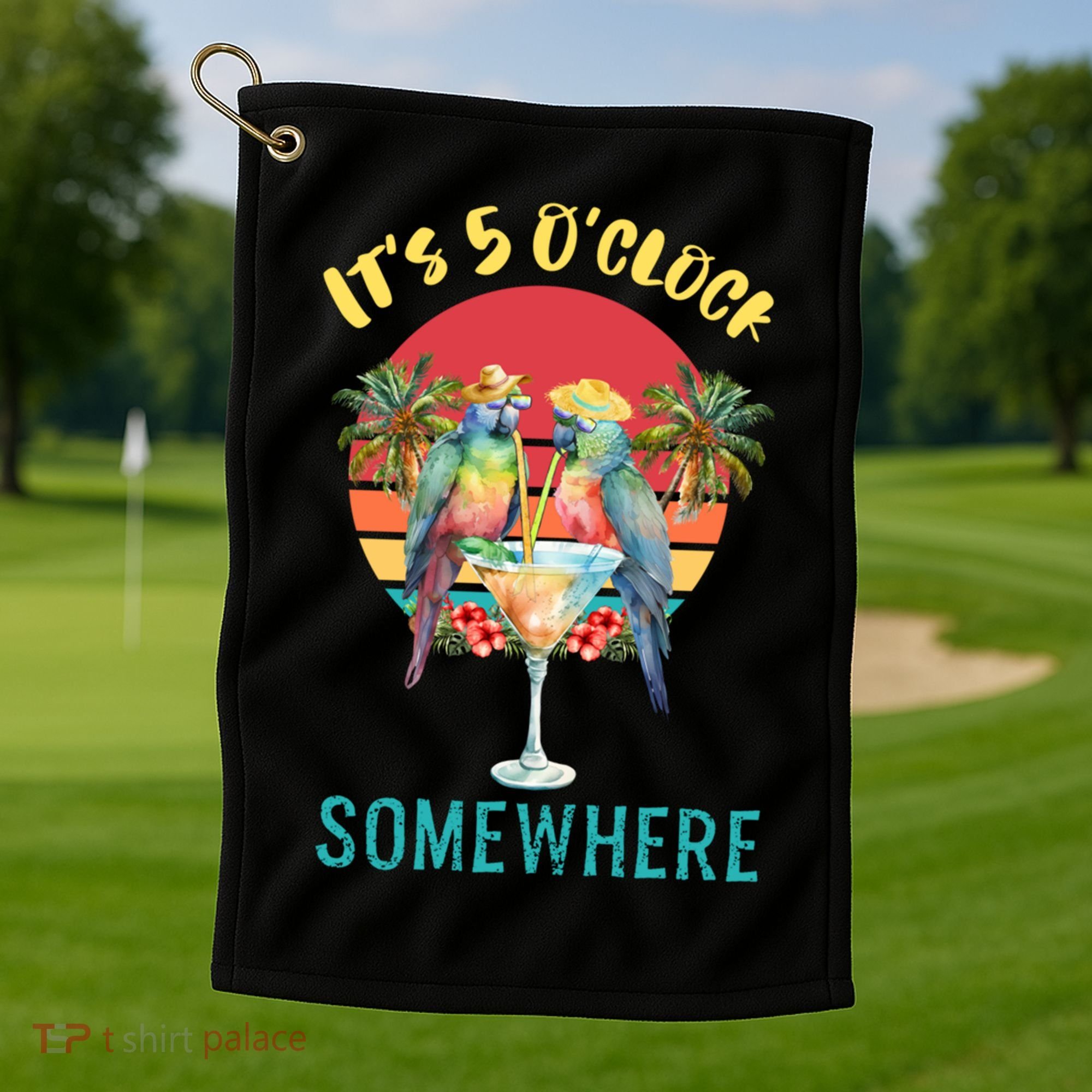 Funny It's 5 O’clock Somewhere Parrot Drinking Golf Towel