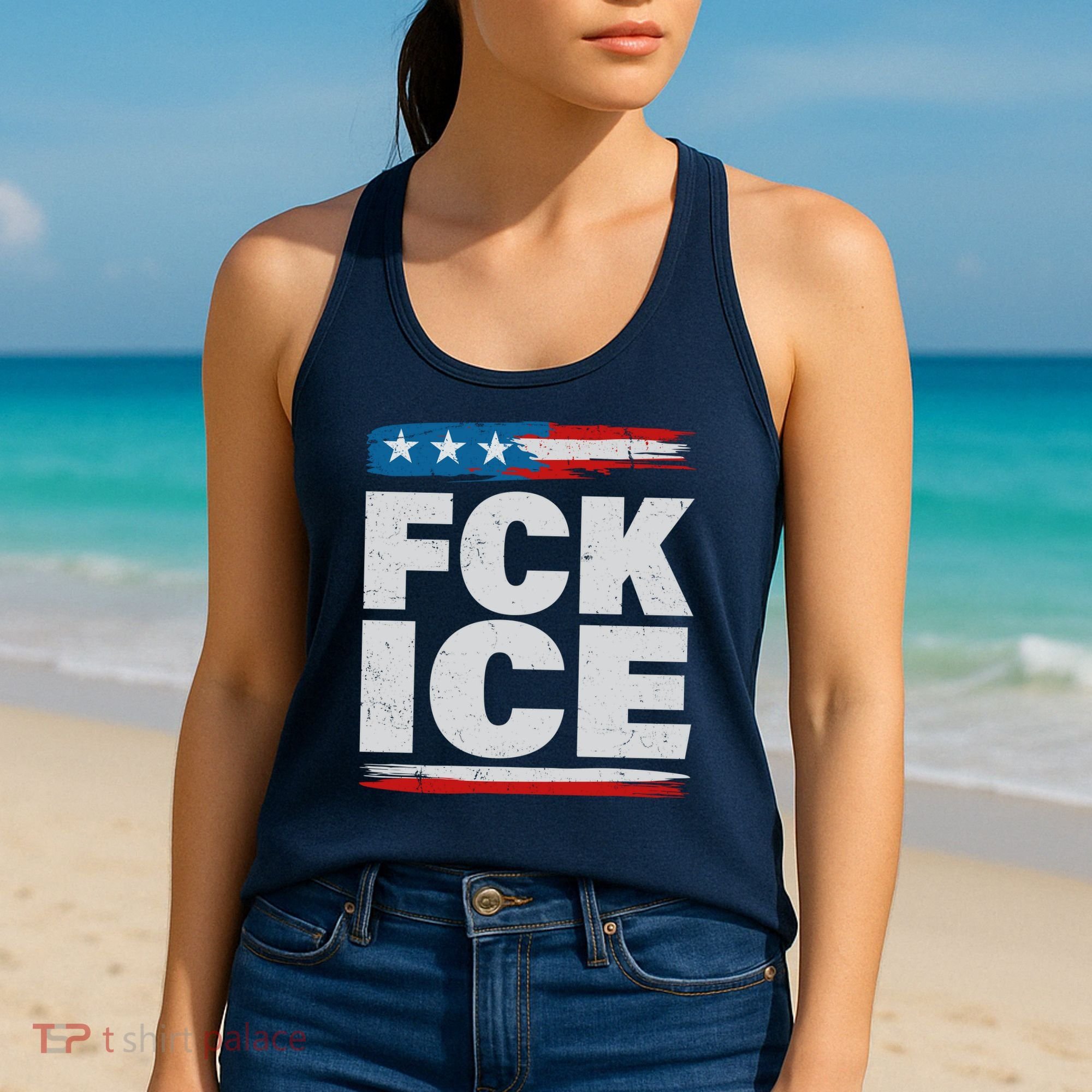 FCK ICE Anti ICE Distressed American Flag Women's Tank Top