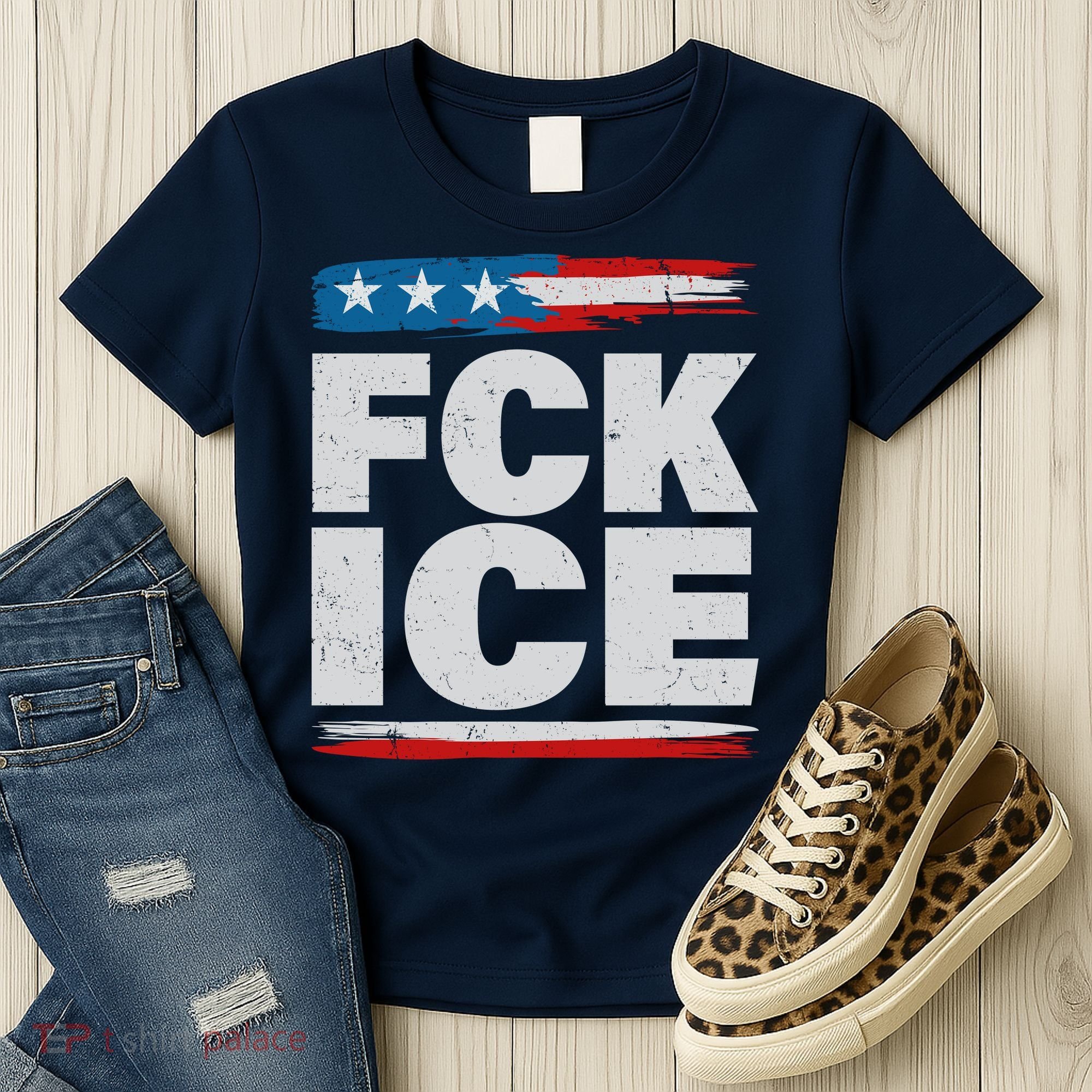 FCK ICE Anti ICE Distressed American Flag Women's T-Shirt
