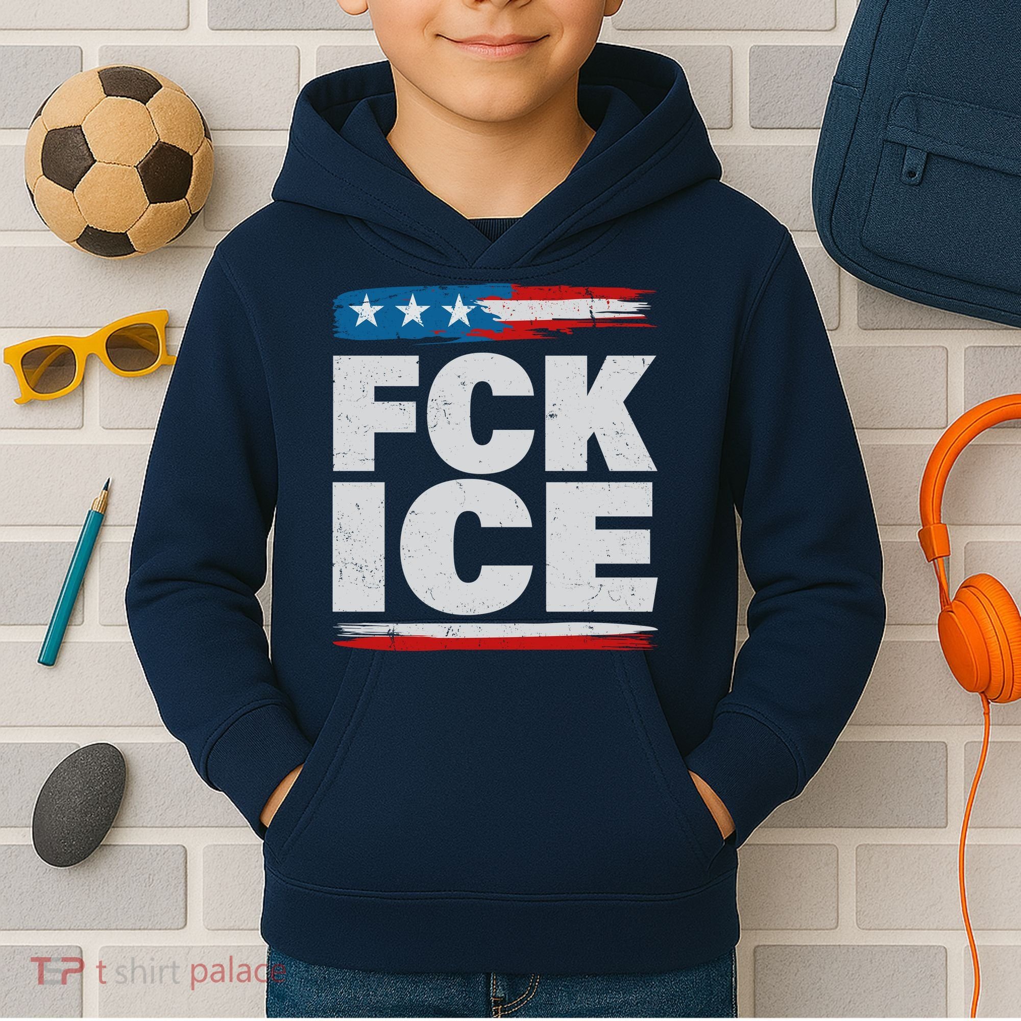 FCK ICE Anti ICE Distressed American Flag Kids Hoodie