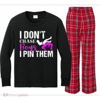 Funny I Don't Chase Boys I Pin Them Gift Wrestling Girls Gift Kids Long Sleeve Plaid Pajama Set thumb 0