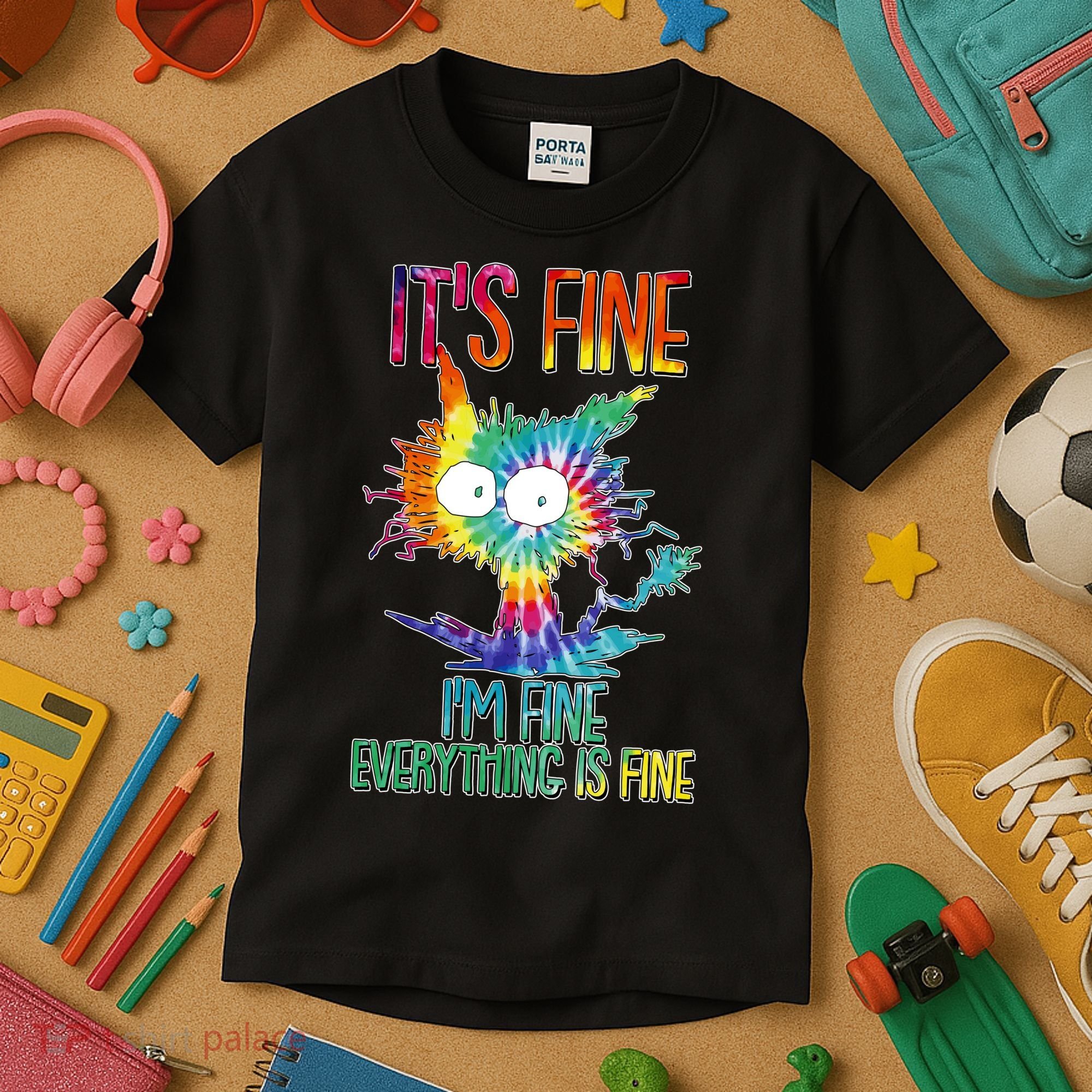 Funny It's Fine I'm Fine Everything Is Fine Tie Dye Cat Kids T-Shirt