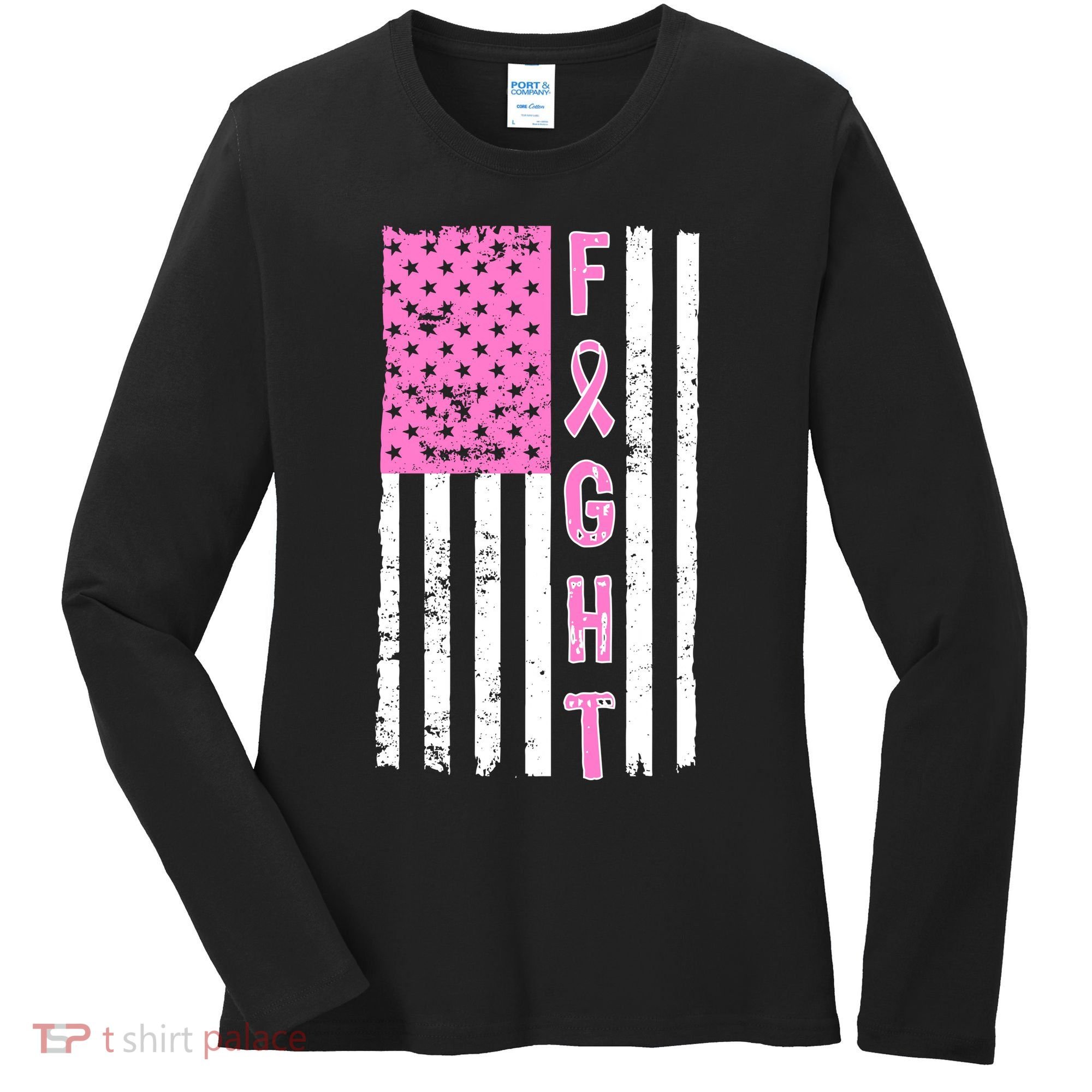 Fight Breast Cancer American Flag Women's Long Sleeve Shirt