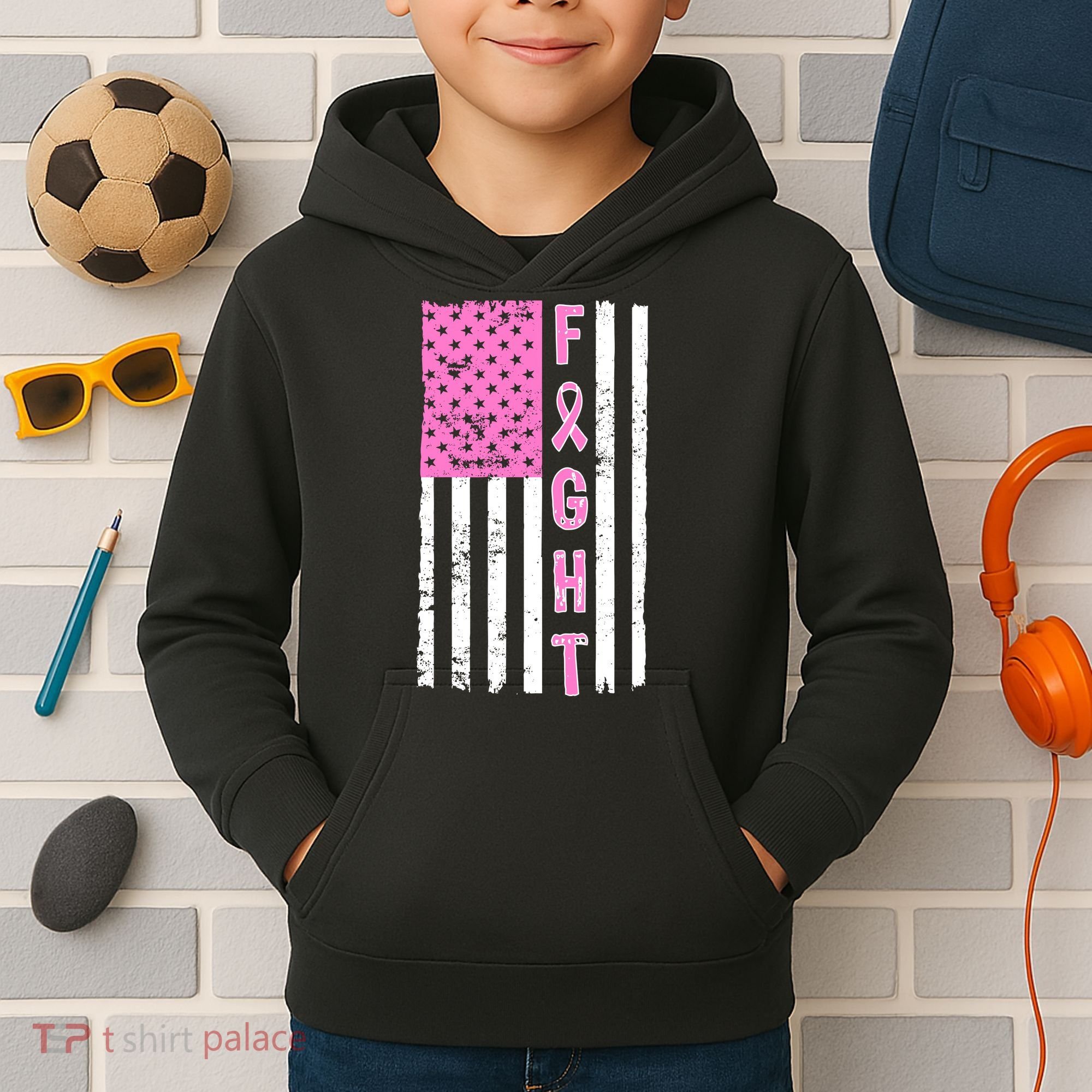 Fight Breast Cancer American Flag Kids Hoodie