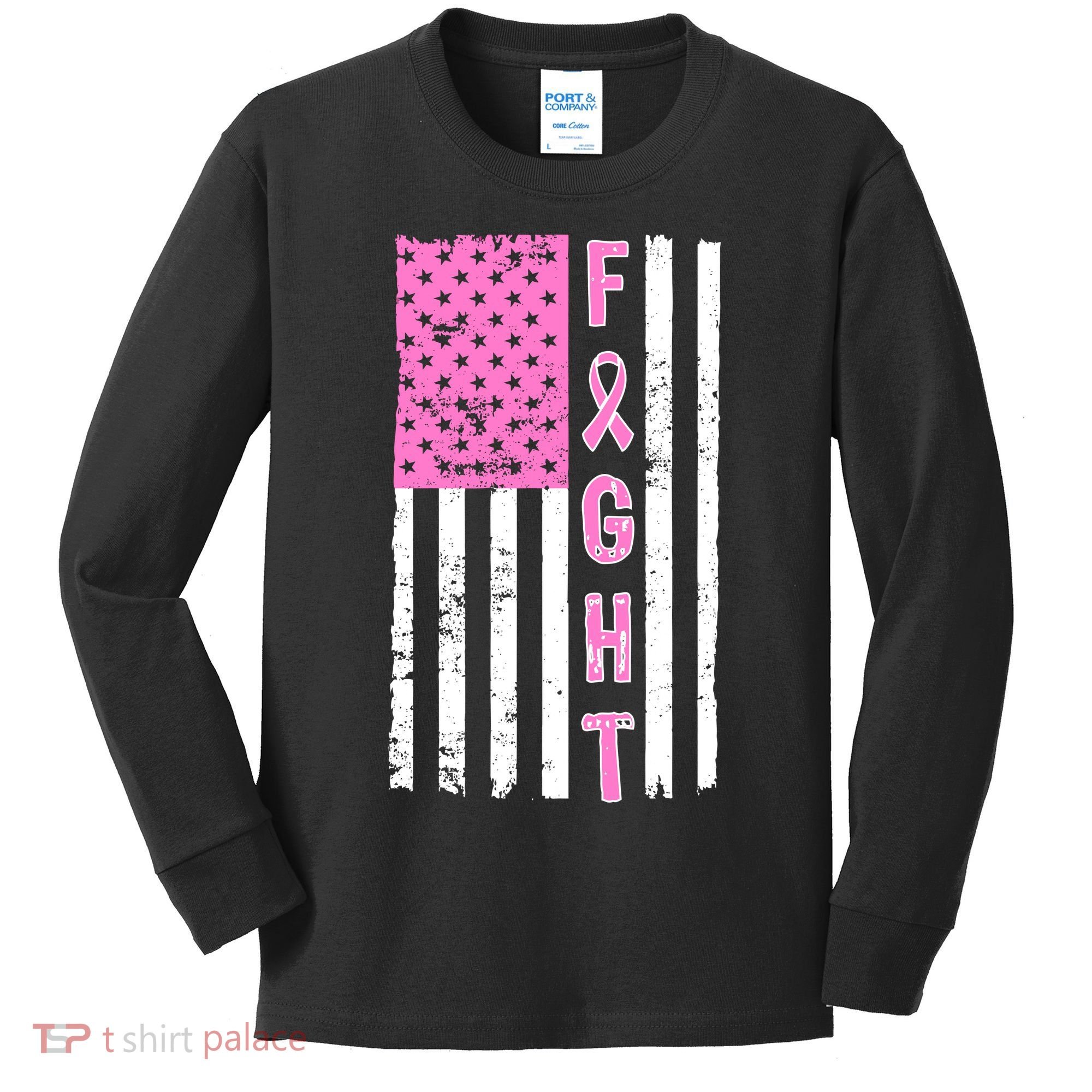 Fight Breast Cancer American Flag Kids Long Sleeve Shirt
