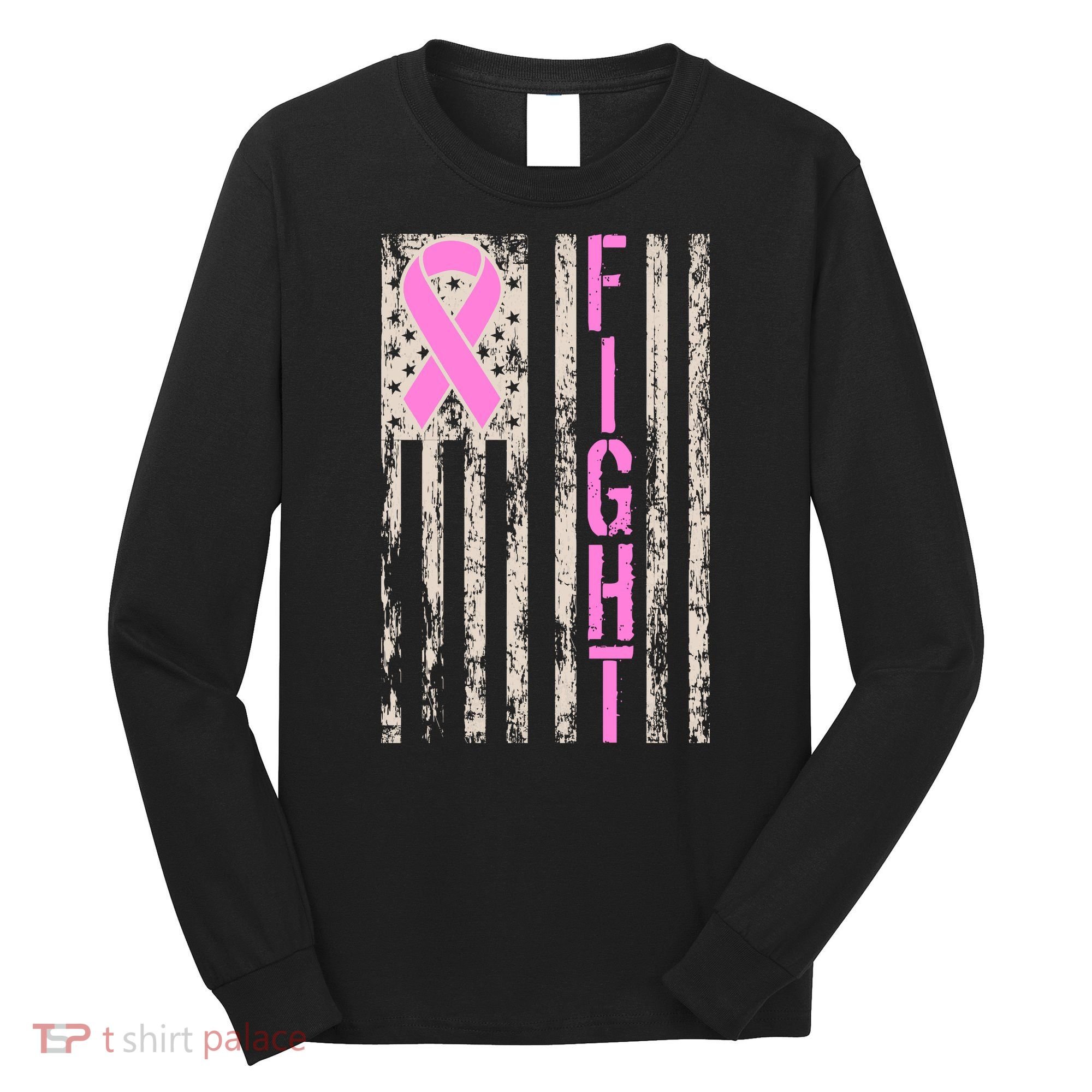 Fight Breast Cancer Awareness USA Flag Ribbon Long Sleeve Shirt