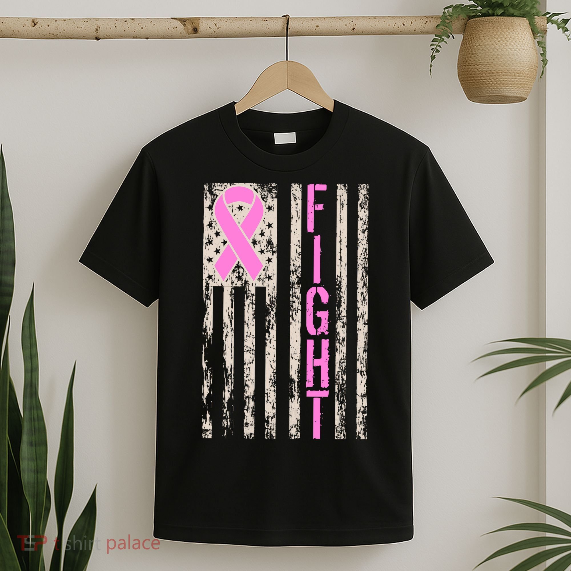Fight Breast Cancer Awareness USA Flag Ribbon T-Shirt