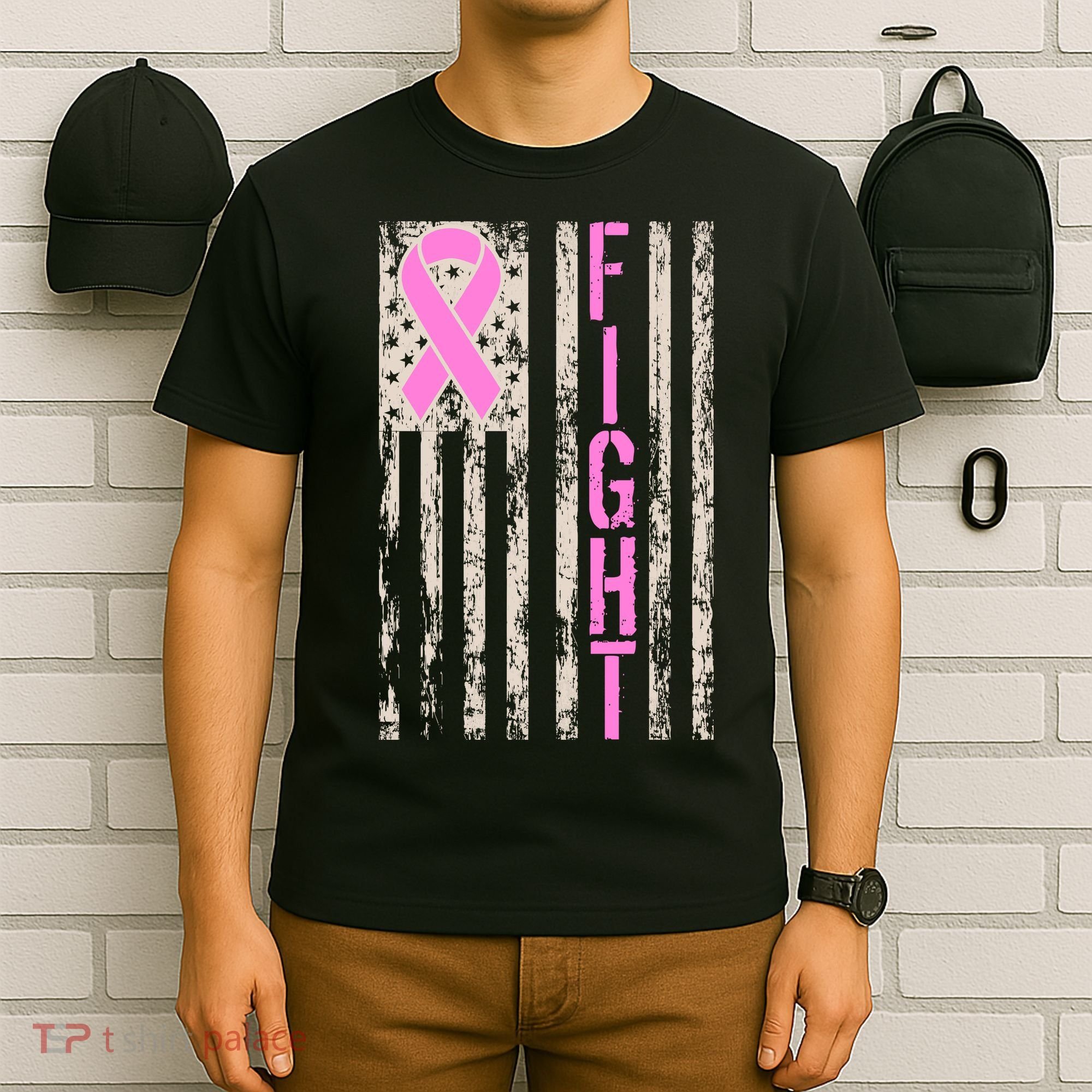 Fight Breast Cancer Awareness USA Flag Ribbon T-Shirt