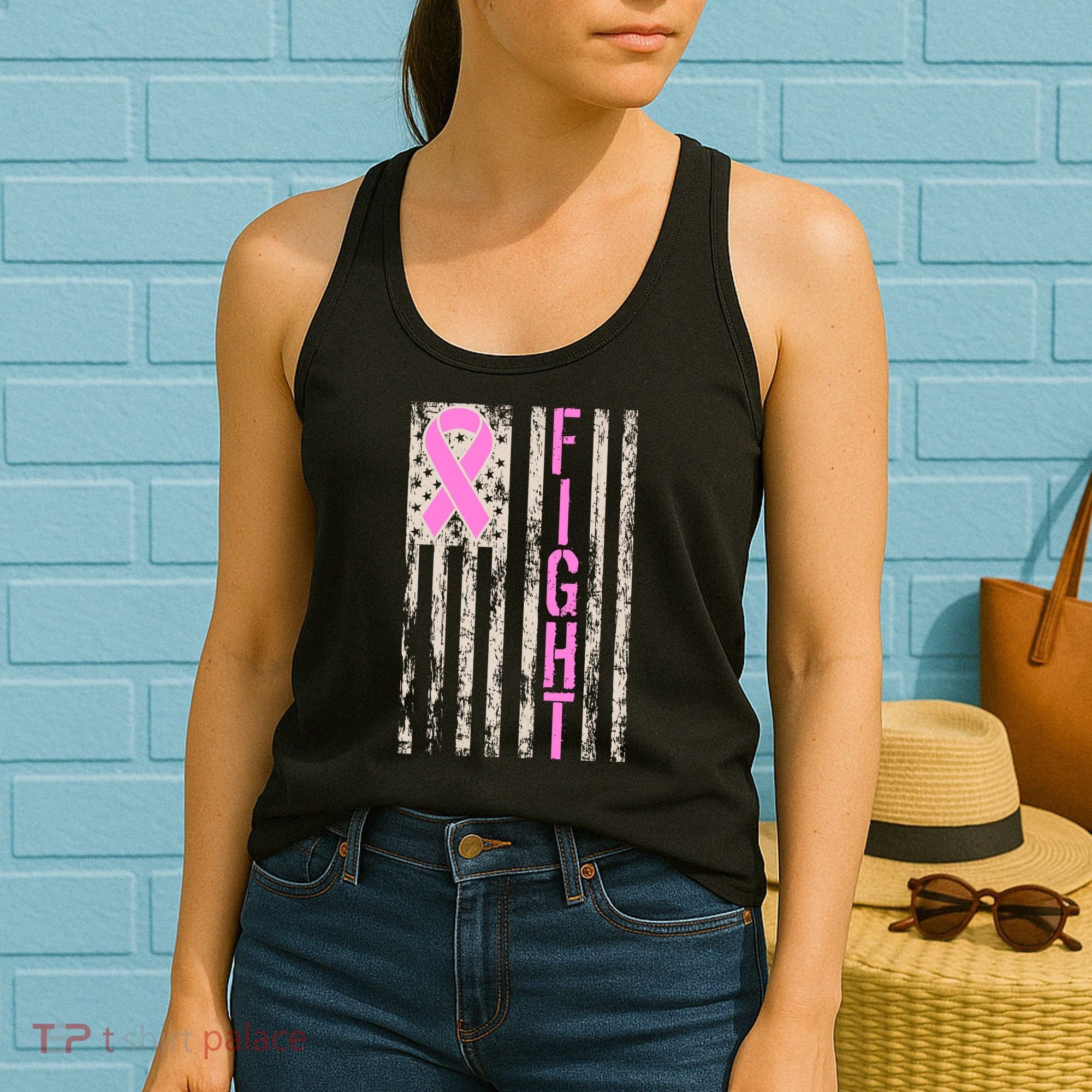Fight Breast Cancer Awareness USA Flag Ribbon Women's Tank Top