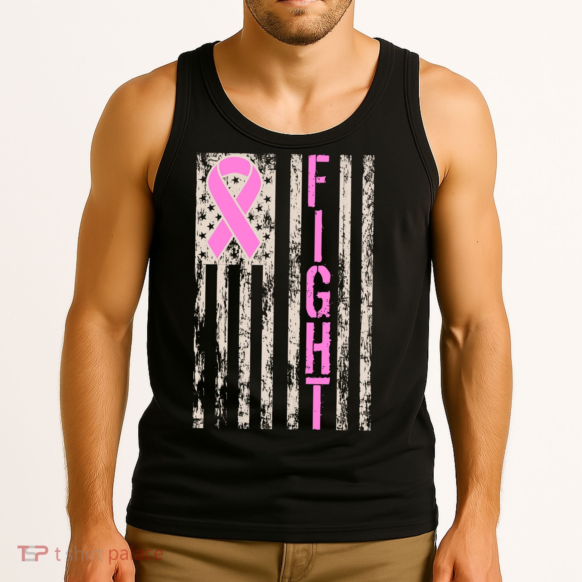 Fight Breast Cancer Awareness USA Flag Ribbon Tank Top