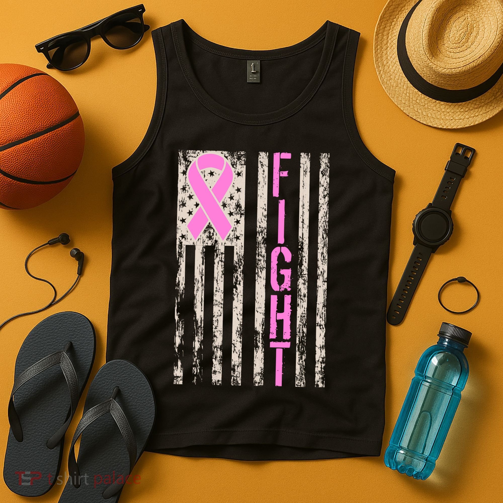 Fight Breast Cancer Awareness USA Flag Ribbon Tank Top