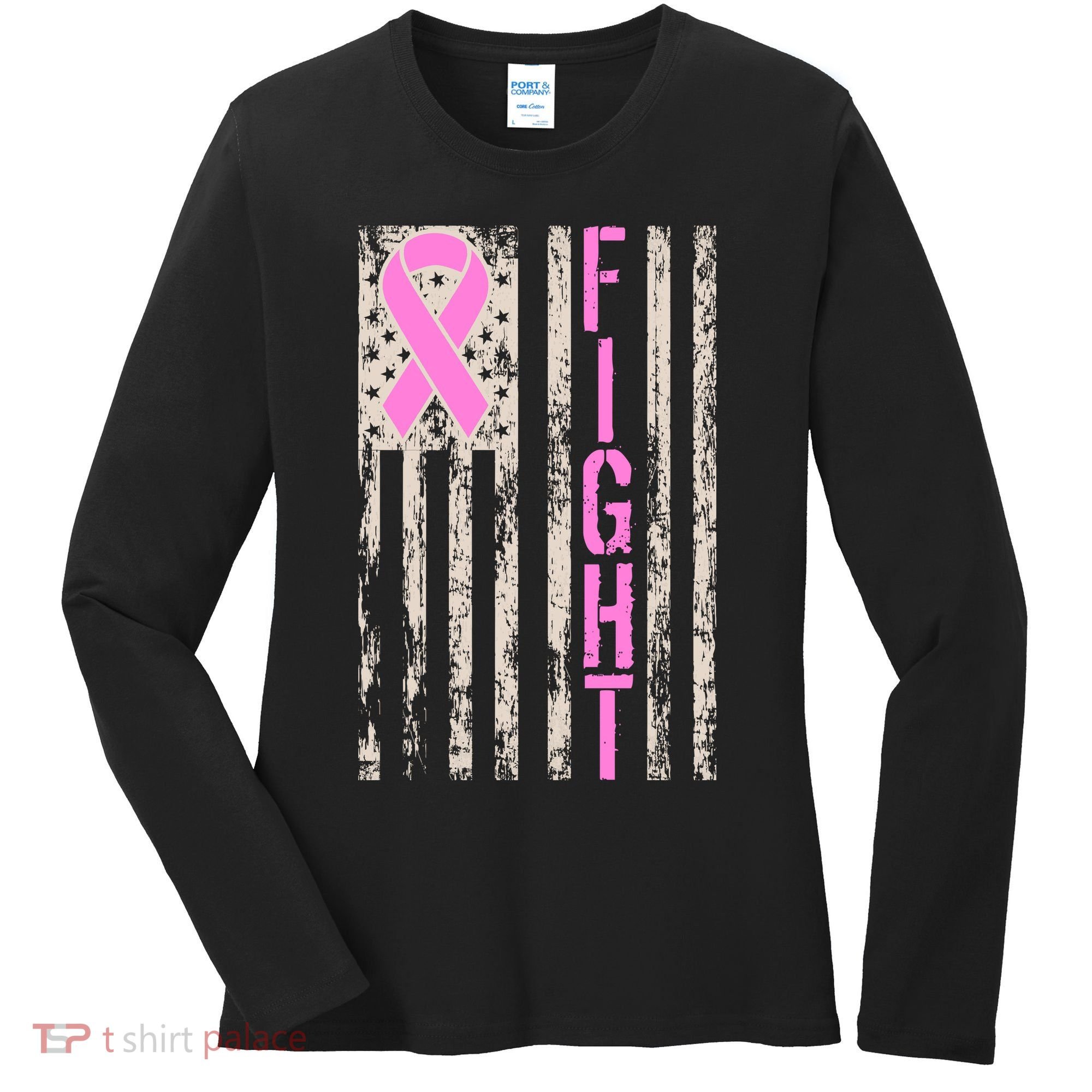 Fight Breast Cancer Awareness USA Flag Ribbon Women's Long Sleeve Shirt
