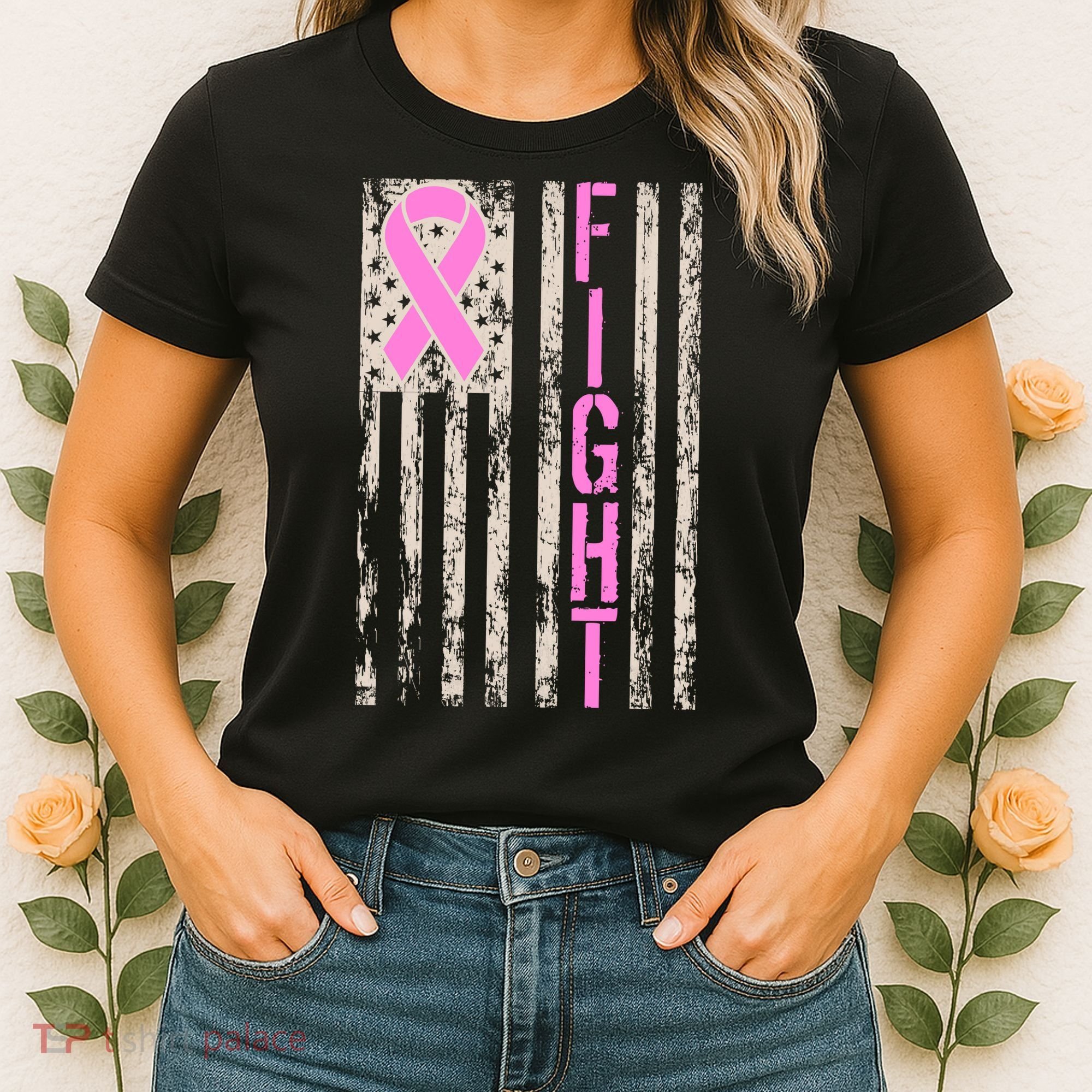 Fight Breast Cancer Awareness USA Flag Ribbon Women's T-Shirt